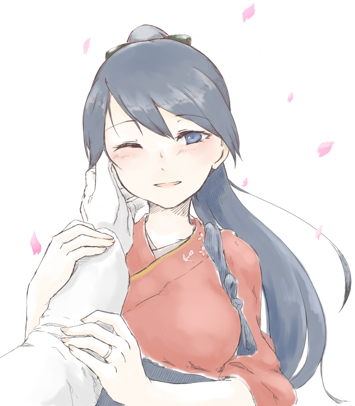1girl, admiral_(kantai_collection), blue_hair, cherry_blossoms, hand_on_another's_cheek, hand_on_another's_face, holding_arm, houshou_(kantai_collection)