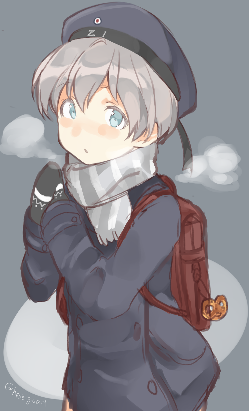 1girl, alternate_costume, bag, blue_eyes, hasegawa_(rarairairai), hat, highres, jacket