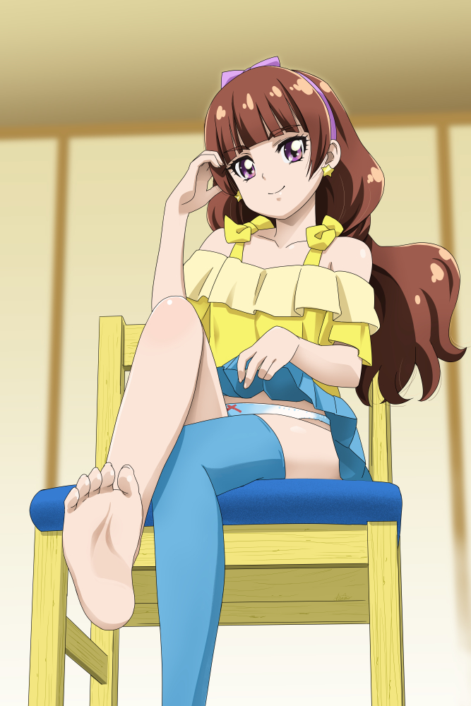 1girl, amanogawa_kirara, barefoot, blue_legwear, brown_hair, crossed_legs, earrings, go!_princess_precure, hairband, jewelry, long_hair, looking_at_viewer, nekomimi_kanon, panties, precure, single_thighhigh, sitting, skirt, skirt_lift, smile, solo, star, star_earrings, thigh-highs, underwear, violet_eyes