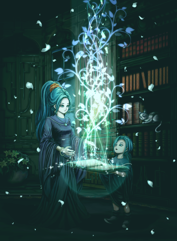 2girls, aqua_eyes, aqua_hair, book, bookshelf, boots, bracelet, cat