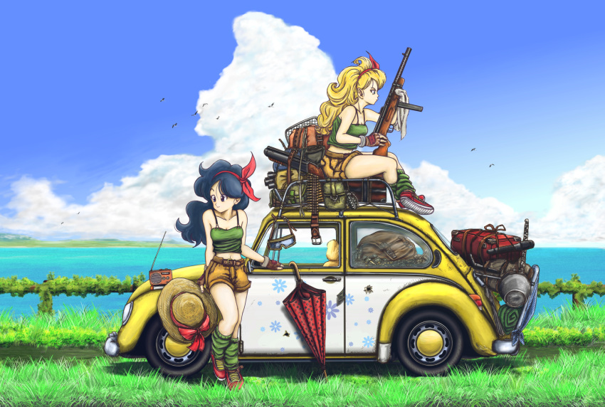 bag, bandolier, bird, black_eyes, blonde_hair, blue_hair, blue_sky, breasts