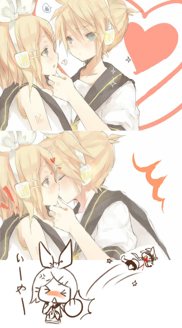 ?, angry, blonde_hair, blood, blue_eyes, blush, brother_and_sister, hair_ornament, hair_ribbon, hairclip, heart, heca, incest, kagamine_len, kagamine_rin, kiss, mouthbleed, punch, punching, ribbon, sailor_collar, short_hair, siblings, sweat, twincest, twins, vocaloid