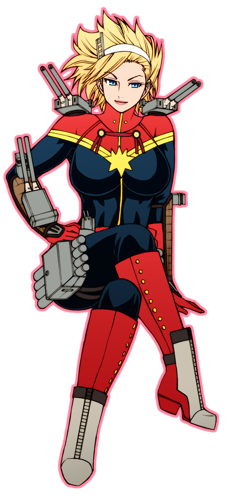 1girl, ashigara_(kantai_collection), ashigara_(kantai_collection)_(cosplay), bodysuit, breasts, cannon, captain_marvel, carol_danvers, chiba_toshirou, cosplay, crossed_legs, full_body, hairband, hand_on_hip, headgear, kantai_collection, large_breasts, lips, marvel, outline, solo, superhero