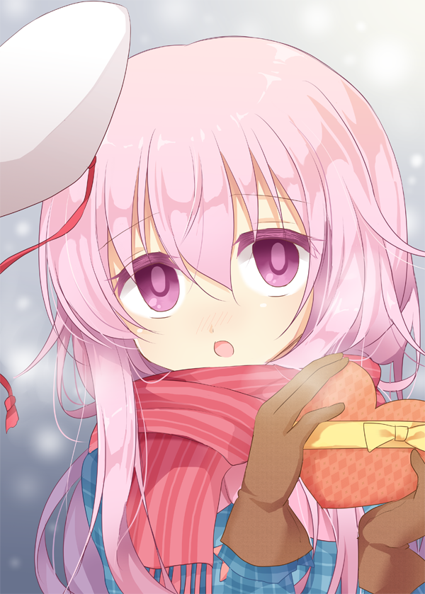 1girl, bangs, box, brown_gloves, fox_mask, gift, gift_box, gloves, hata_no_kokoro, irotani_asuka, long_hair, looking_at_viewer, mask, pink_eyes, pink_hair, red_scarf, scarf, solo, touhou, upper_body, valentine