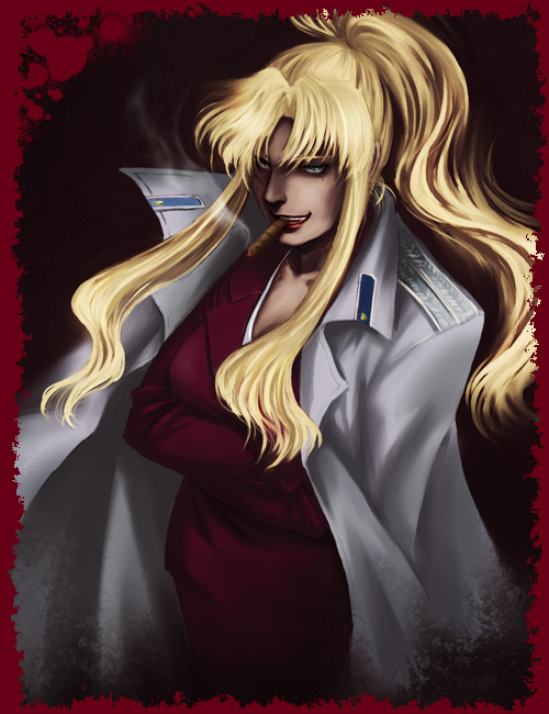 1girl, balalaika_(black_lagoon), bangs, black_lagoon, cigar, collarbone, evil_grin, evil_smile