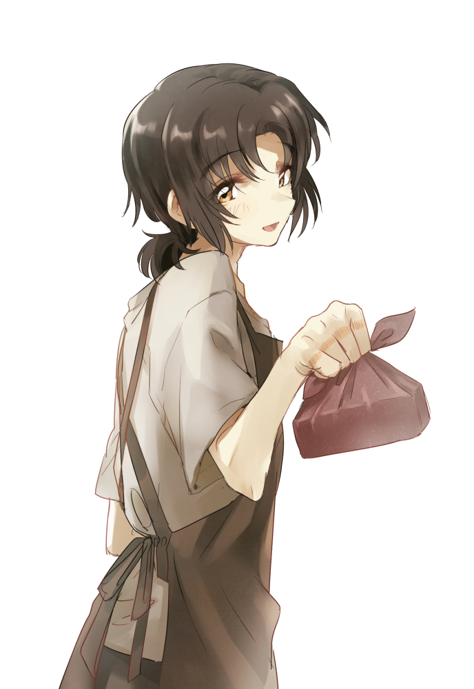 1boy, :d, apron, black_hair, blush, brown_eyes, eyes_visible_through_hair, finger_marks