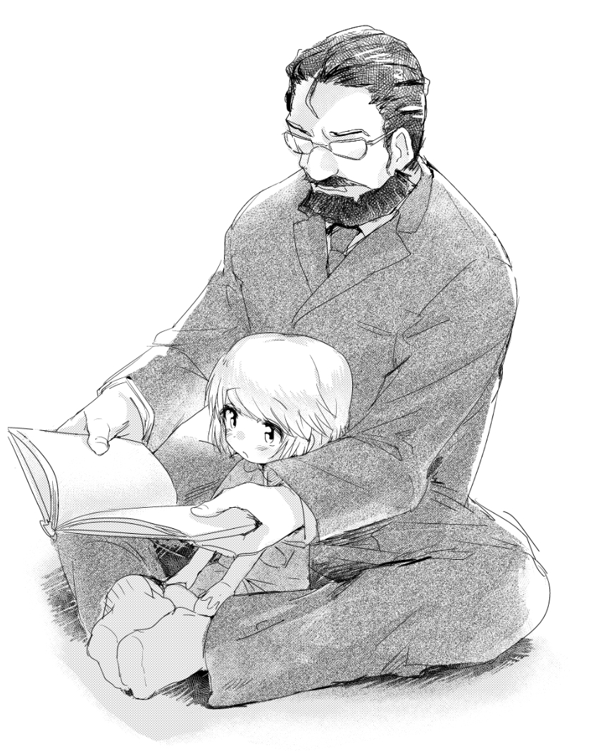 2boys, beard, blush, book, facial_hair, father_and_son, glasses, knees_apart_feet_together, long_sleeves, minashiro_kouzou, minashiro_soushi, monochrome, multiple_boys, mustache, necktie, pants, reading, sanata_(sanatter), short_hair, sitting, socks, soukyuu_no_fafner, younger