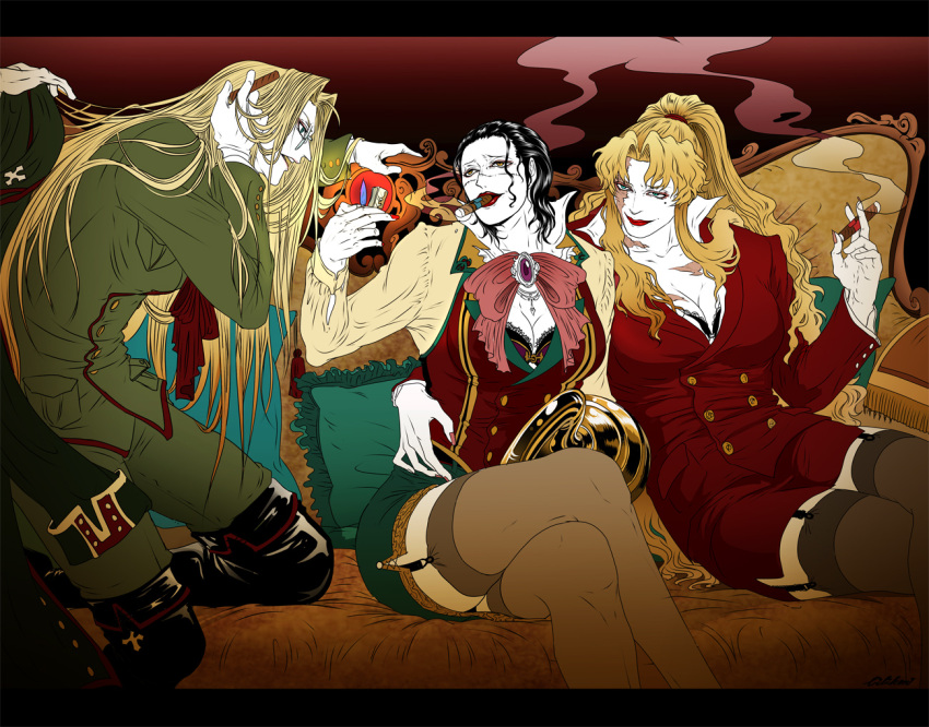 3girls, androgynous, balalaika_(black_lagoon), bangs, biliken, black_lagoon, blonde_hair, boots