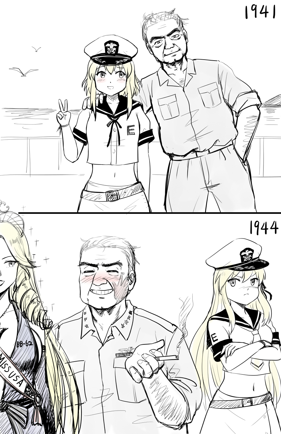 1boy, 2girls, cigarette, hand_on_shoulder, highres, kantai_collection, multiple_girls, original