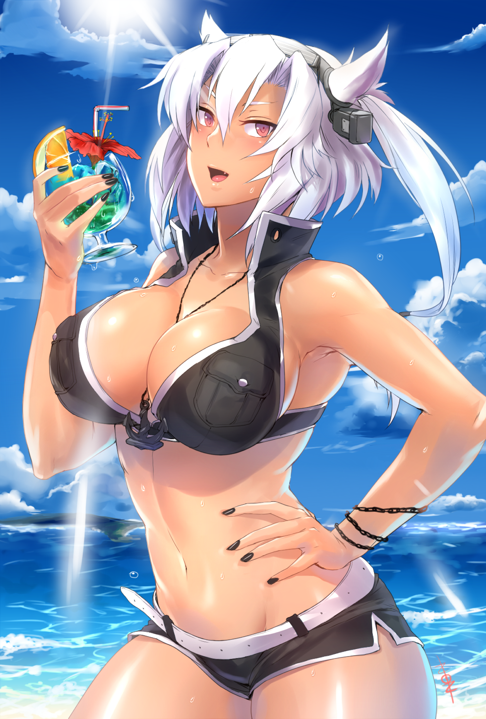 1girl, anchor, belt, bikini, blush, breasts, cleavage, clouds, cloudy_sky, collarbone, cowboy_shot, dark_skin, denim, denim_shorts, drink, drinking_straw, groin, headgear, highres, jewelry, kantai_collection, large_breasts, looking_at_viewer, musashi_(kantai_collection), nail_polish, navel, necklace, non_(nonzile), open_mouth, outdoors, red_eyes, short_shorts, shorts, sky, sunlight, swimsuit, water, wet, white_hair