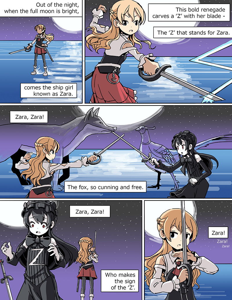 2girls, bare_shoulders, bird, blonde_hair, comic, detached_sleeves, english, fox