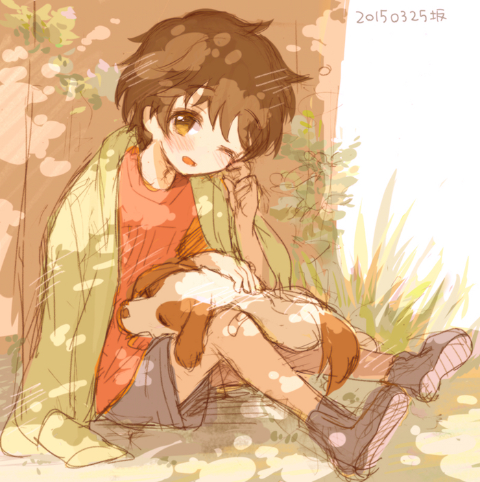 1boy, against_tree, black_hair, blush, brown_eyes, dated, dog, masaoka_ryou