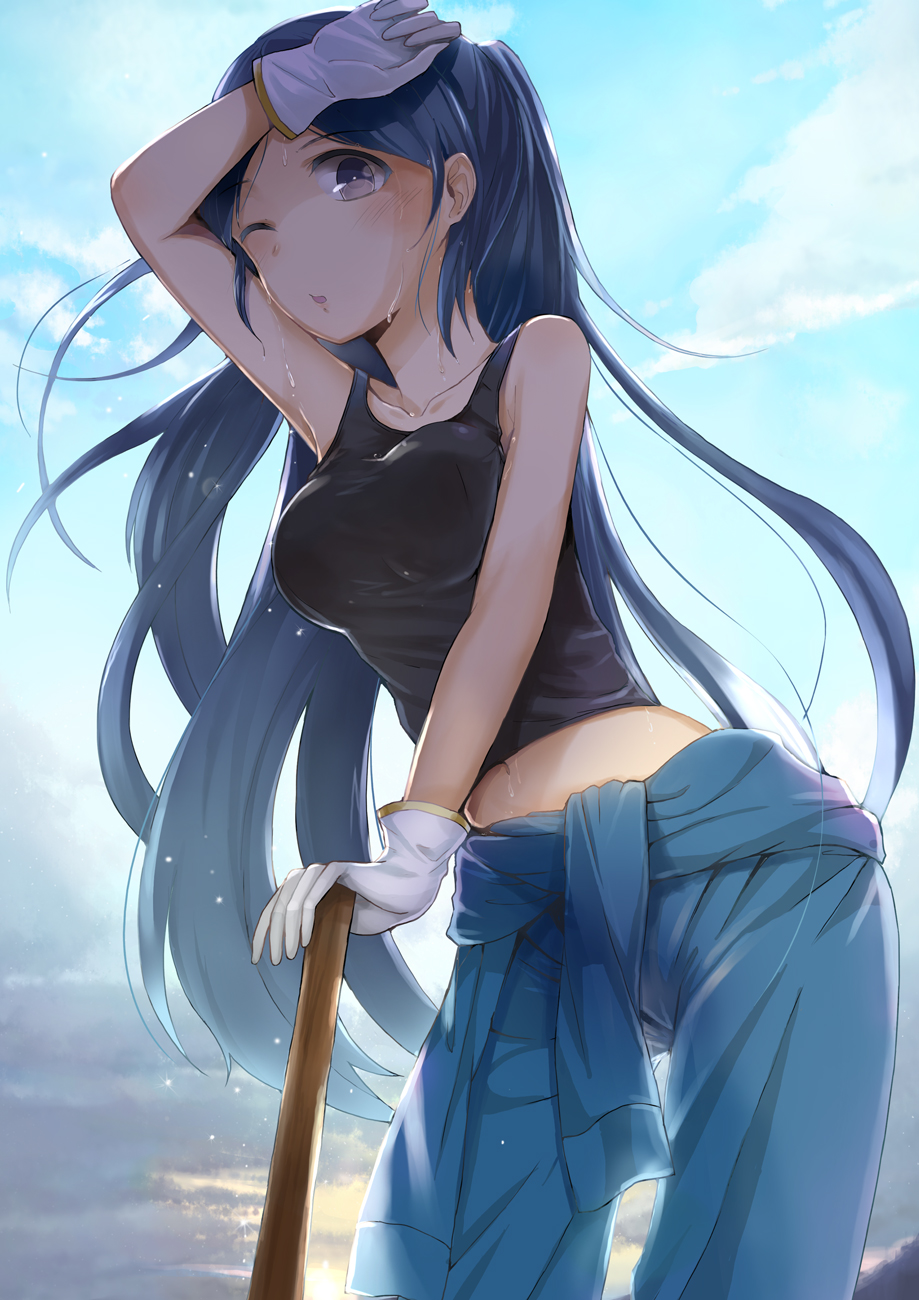 1girl, arm_up, blue_hair, blue_sky, blush, breasts, clothes_around_waist, clouds, collarbone, cowboy_shot, dripping, from_below, gloves, guranyto, highres, hot, jumpsuit, legs_apart, long_hair, looking_at_viewer, midriff, navel, one_eye_closed, original, outdoors, sky, sleeveless, solo, sparkle, standing, stomach, sweat, sweating, tan, tank_top, very_long_hair, white_gloves, wiping_sweat