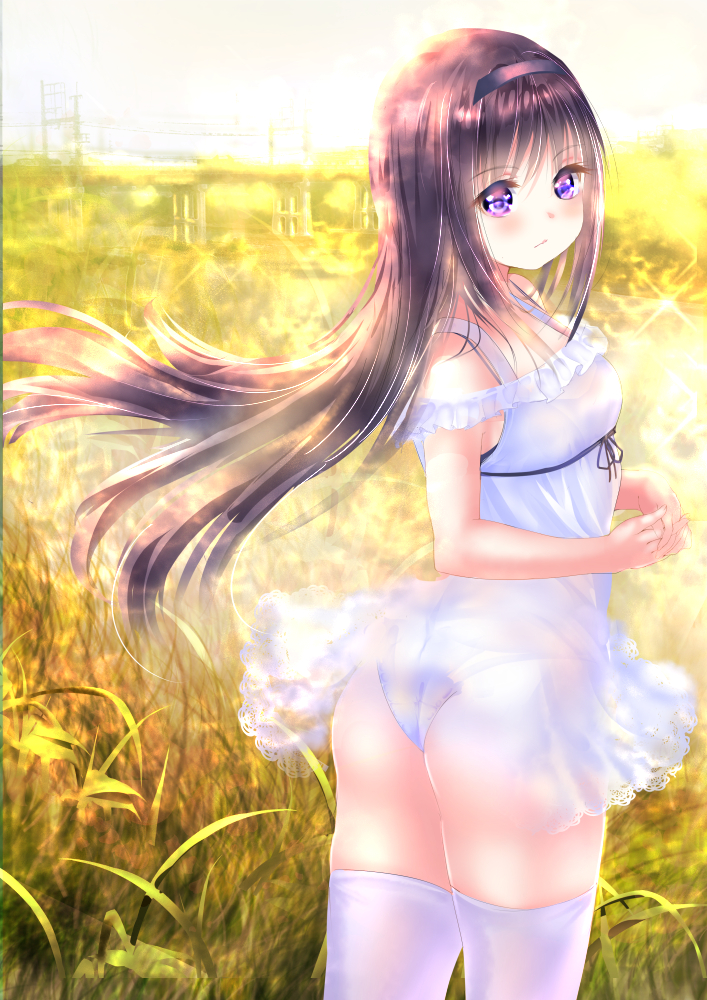 1girl, akemi_homura, alternate_costume, bangs, black_hair, black_ribbon, blush, bra_strap