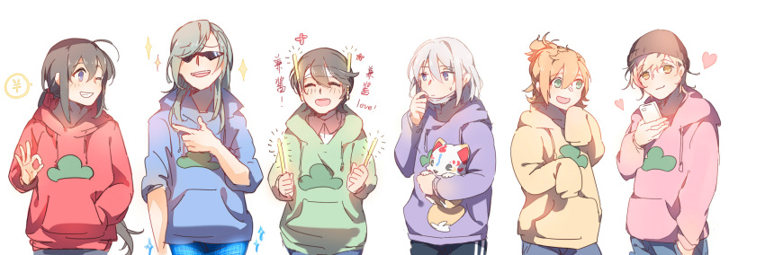 6+boys, ^_^, ahoge, beanie, black_hair, blonde_hair, cellphone, closed_eyes