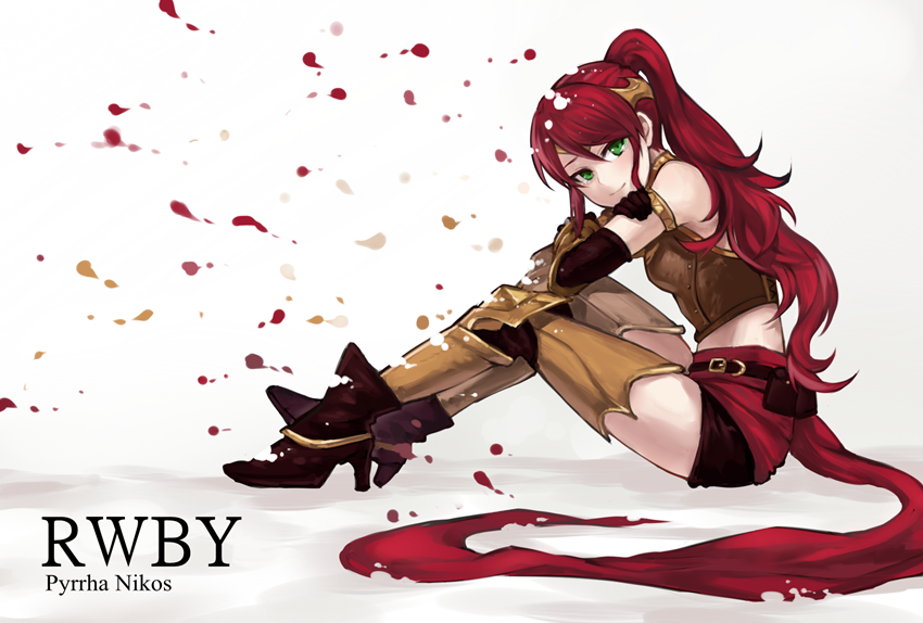 1girl, black_box, breasts, elbow_gloves, forehead_protector, gloves, green_eyes, long_hair