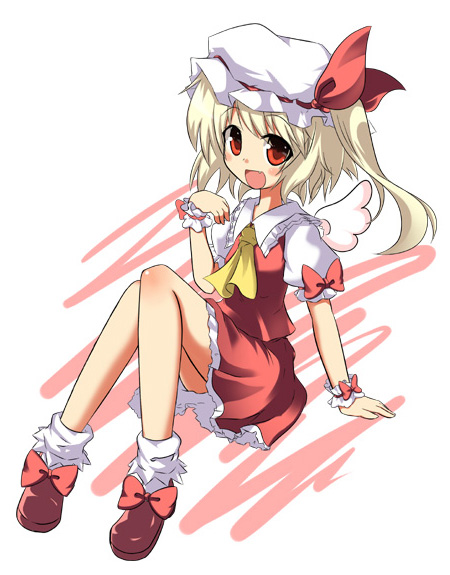 alternate_wings, angel_wings, bad_id, blonde_hair, fang, flandre_scarlet, hat, itamochi