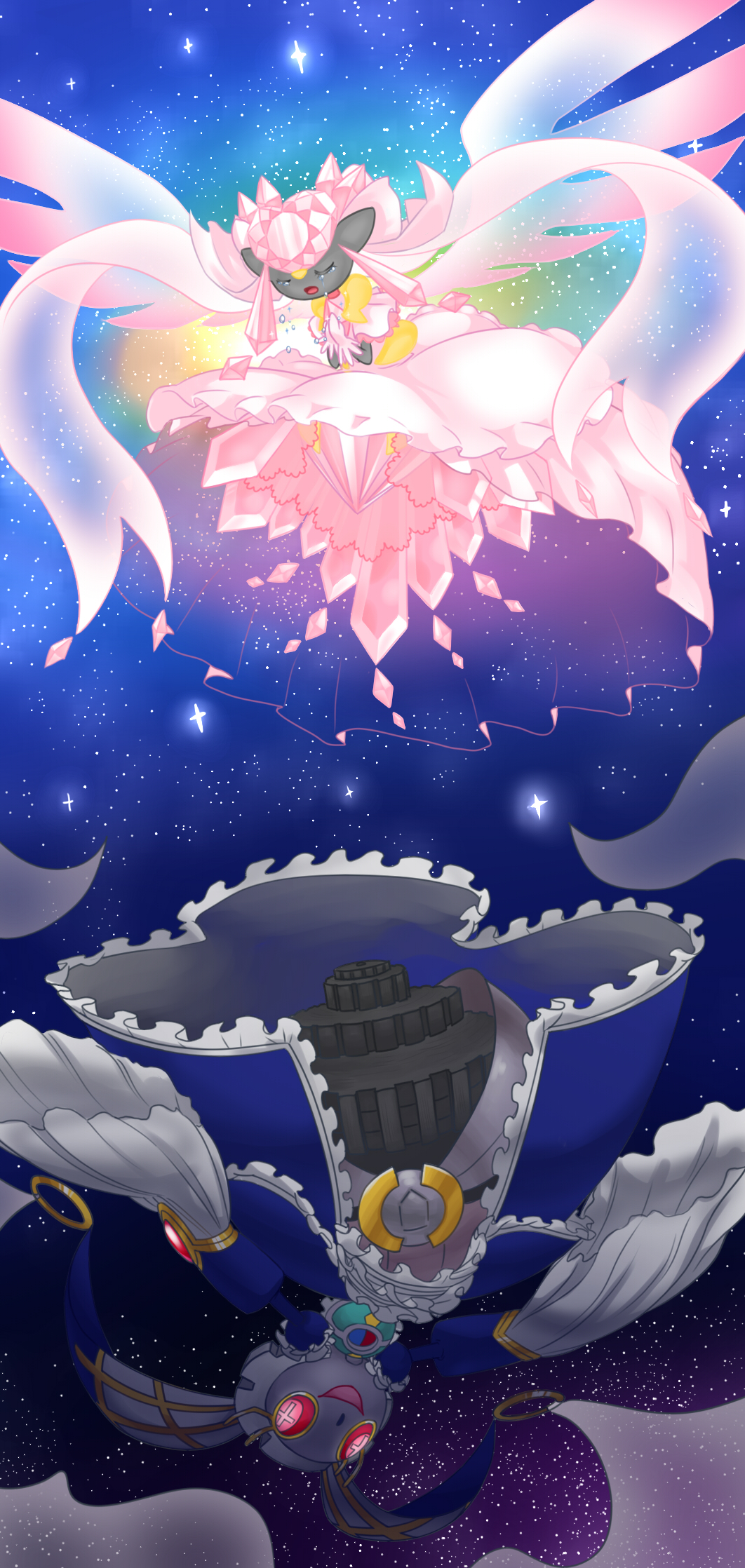 cosplay, diancie, dress, goddess_madoka, highres, magearna, mahou_shoujo_madoka_magica, mega_diancie