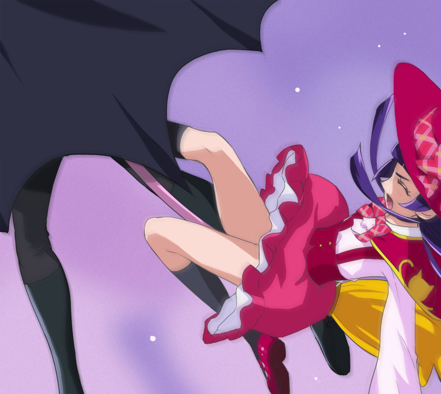 1boy, 1girl, batty_(mahou_girls_precure!), broom, broom_riding, cape, closed_eyes, haruyama_kazunori, izayoi_liko, legs, long_hair, mahou_girls_precure!, open_mouth, precure, purple_hair