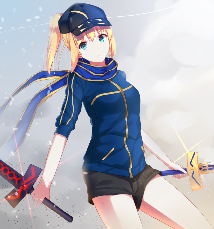 1girl, aqua_eyes, black_shorts, blonde_hair, blue_scarf, dual_wielding, excalibur, fate/grand_order