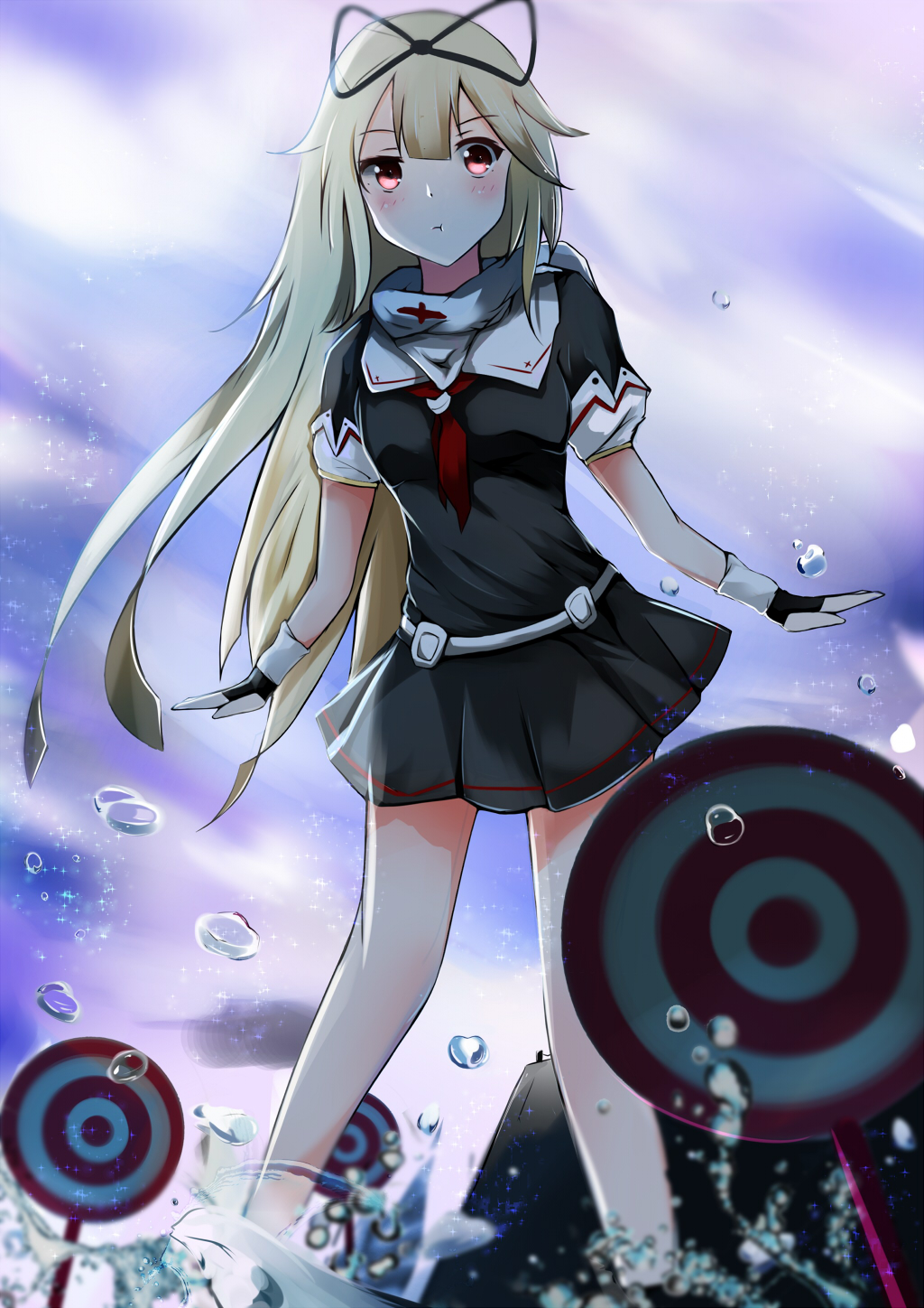 1girl, black_ribbon, black_skirt, blonde_hair, hair_ribbon, highres, kantai_collection, long_hair