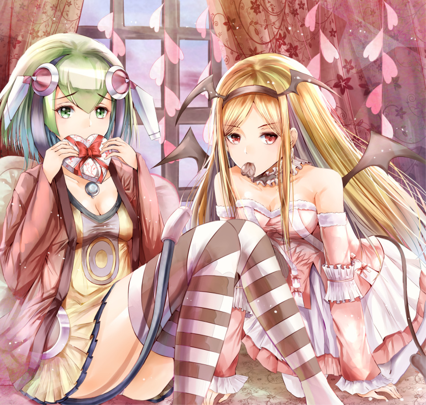 2girls, android, blonde_hair, box, chocolate, chocolate_heart, curtains, detached_sleeves