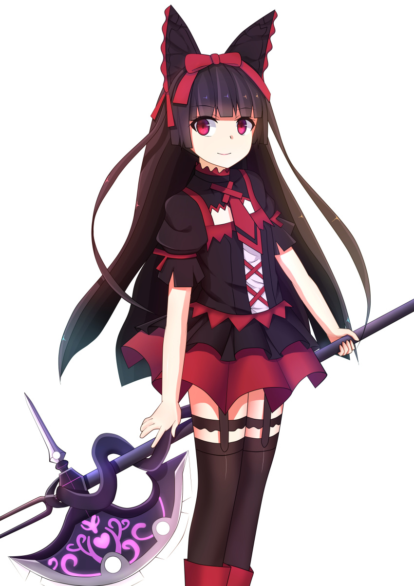 1girl, absurdres, black_hair, black_legwear, garter_straps, gate_-_jieitai_ka_no_chi_nite_kaku_tatakaeri, gothic_lolita, halberd