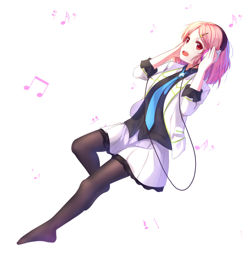 1girl, absurdres, black_legwear, black_shirt, blue_necktie, headphones, highres, musaigen_no_phantom_world