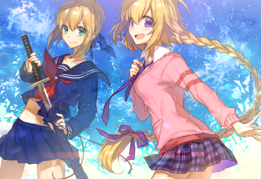 2girls, ahoge, blonde_hair, braid, breasts, casual, fate/apocrypha, fate/stay_night