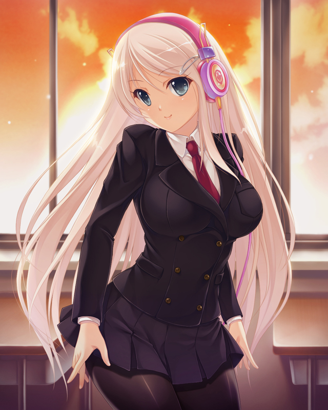 1girl, aocchi, black_legwear, blue_eyes, breasts, classroom, cowboy_shot, desk