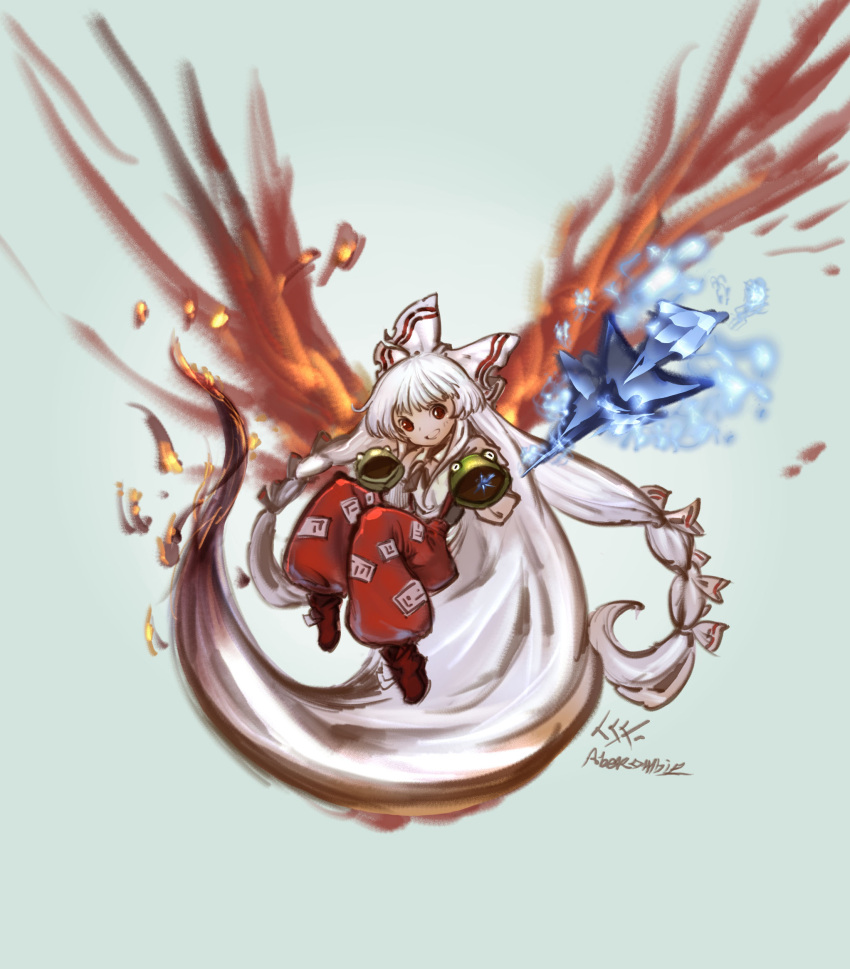 1girl, absurdly_long_hair, baggy_pants, burning_hair, chibi, fiery_wings, fire, fujiwara_no_mokou