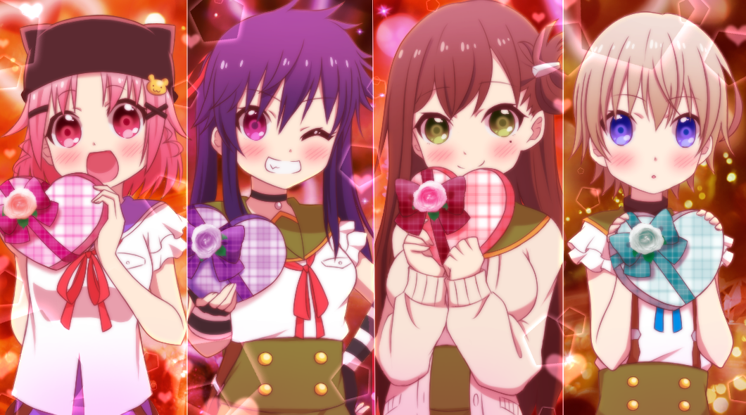 4girls, blonde_hair, blue_eyes, blush, brown_hair, cardigan, chocolate, chocolate_heart, ebisuzawa_kurumi, folded_hair, gakkou_gurashi!, green_eyes, grin, hair_ornament, hairclip, hat, heart, holding, long_hair, moko_(pixiv4702557), mole, mole_under_eye, multiple_girls, naoki_miki, one_eye_closed, open_mouth, pillow_hat, pink_eyes, pink_hair, purple_hair, ribbon, school_uniform, short_hair, smile, takeya_yuki, twintails, valentine, wakasa_yuuri