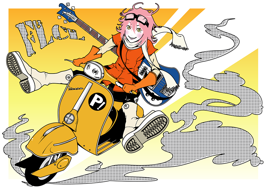 bass_guitar, flcl, guitar, haruhara_haruko, instrument, kasuya_nagato, motor_vehicle, pink_hair