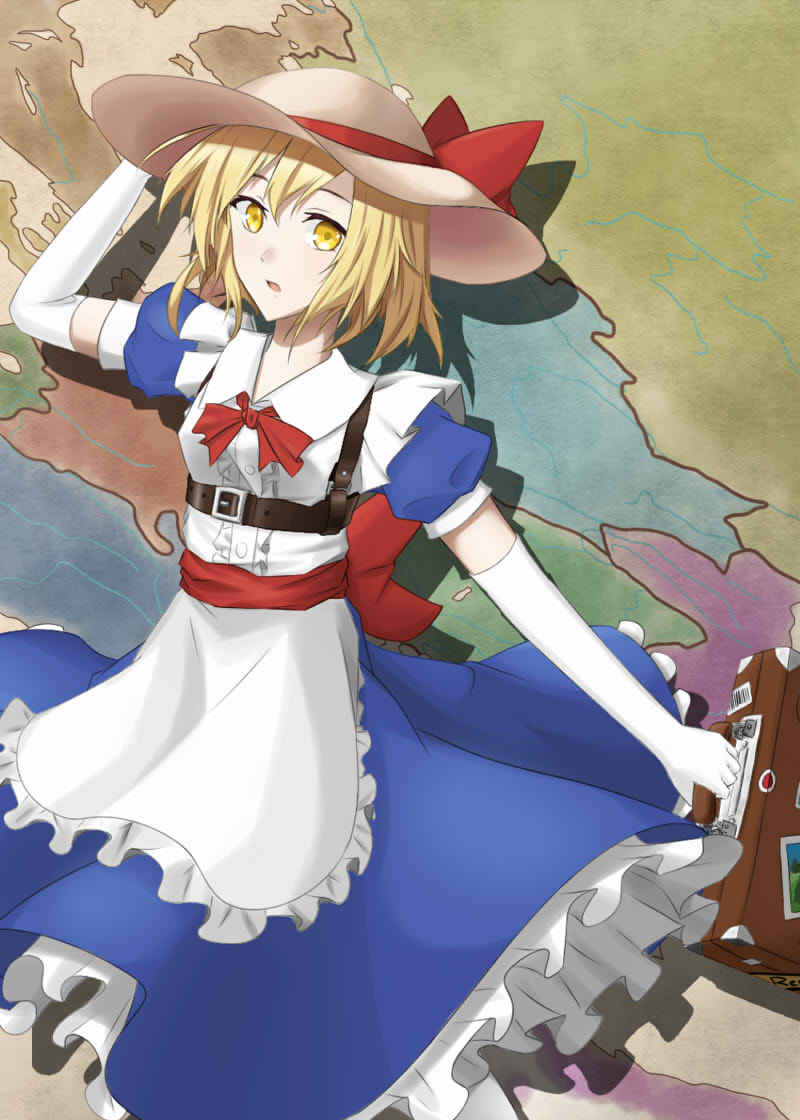 1girl, blonde_hair, dress, frills, gloves, hat, holding, holding_hat, kana_anaberal, rosevell, suitcase, touhou, touhou_(pc-98), yellow_eyes