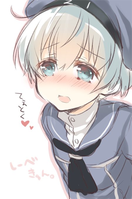 1girl, blue_eyes, blue_hat, blush, hat, kantai_collection, open_mouth, saisou_(2ndere)