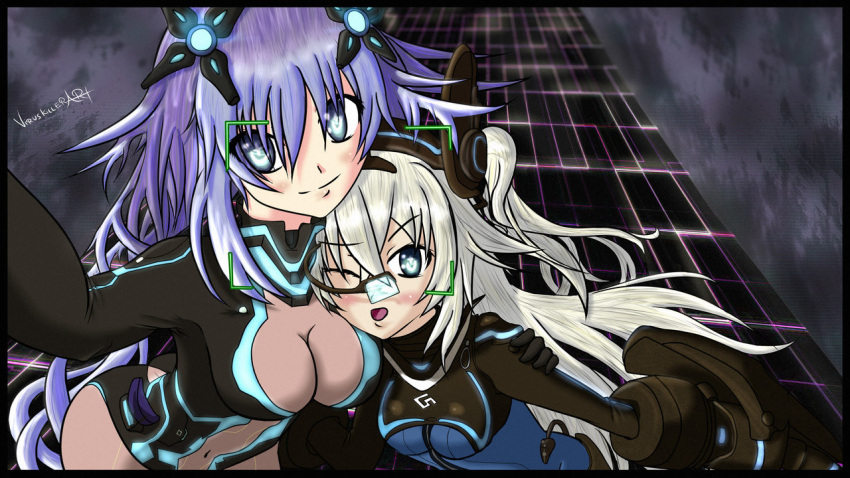2girls, arched_back, artist_name, ass, bangs, black_gloves, black_heart, blue_eyes