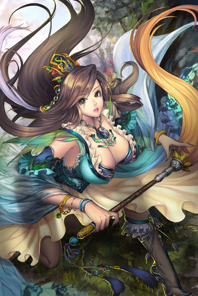 1girl, bangs, black_legwear, blurry, boots, bracelet, breasts, brown_eyes, brown_hair, chain, cleavage, clouds, crown, depth_of_field, detached_sleeves, eyebrows, eyebrows_visible_through_hair, eyelashes, fingernails, flower, frills, gem, grass, hair_ornament, high_heel_boots, high_heels, holding_weapon, hossu, jewelry, large_breasts, long_fingernails, long_hair, looking_at_viewer, maotu, marble, necklace, official_art, one_knee, original, outdoors, parted_lips, pendant, pink_lips, see-through, sharp_fingernails, sky, solo, swept_bangs, tassel, thigh-highs, tree, weapon, yin_yang