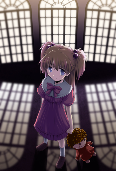 brown_hair, doll, dress, from_above, hair_bobbles, hair_ornament, long_hair, neon_genesis_evangelion
