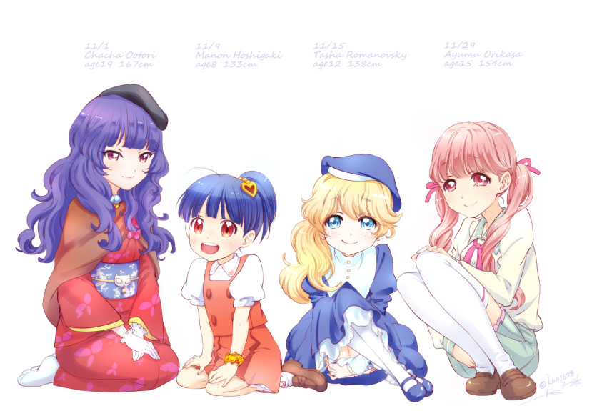 4girls, bangs, blonde_hair, blue_eyes, blue_hair, blunt_bangs, blush, dress
