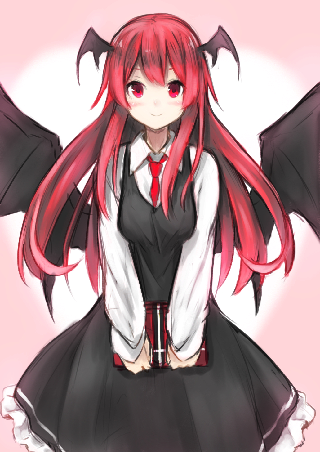 1girl, bangs, black_dress, blush, demon_wings, dress, dress_shirt, head_wings, highres, koakuma, koretsuki_aduma, long_hair, long_sleeves, looking_at_viewer, necktie, red_eyes, red_necktie, redhead, shirt, sleeveless, sleeveless_dress, smile, solo, touhou, wings