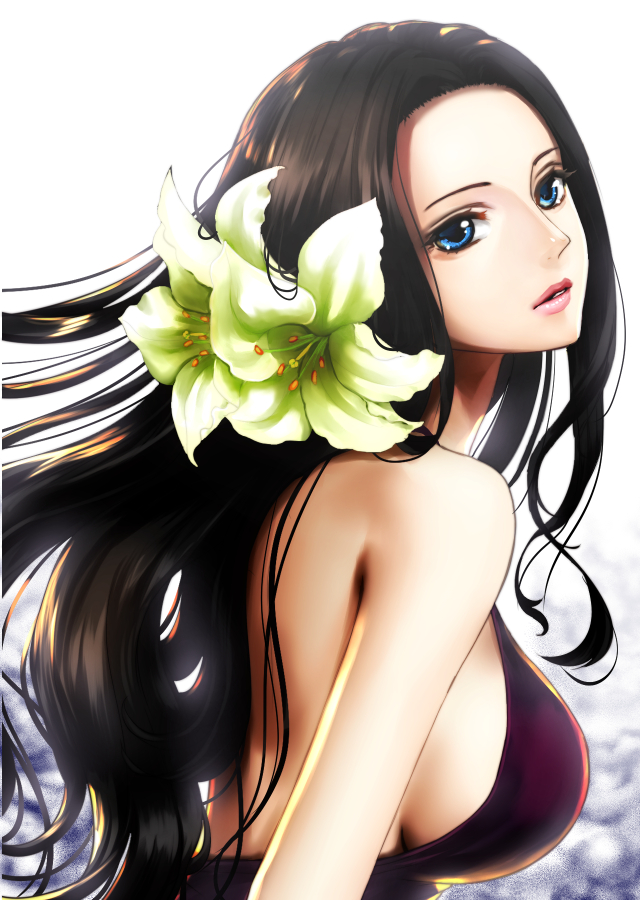1girl, backlighting, bare_shoulders, black_hair, blue_eyes, breasts, dress, flower, hair_flower, hair_ornament, large_breasts, lips, long_hair, looking_at_viewer, nico_robin, one_piece, parted_lips, purple_dress, shinmanawa, sideboob, sleeveless, sleeveless_dress, solo, upper_body
