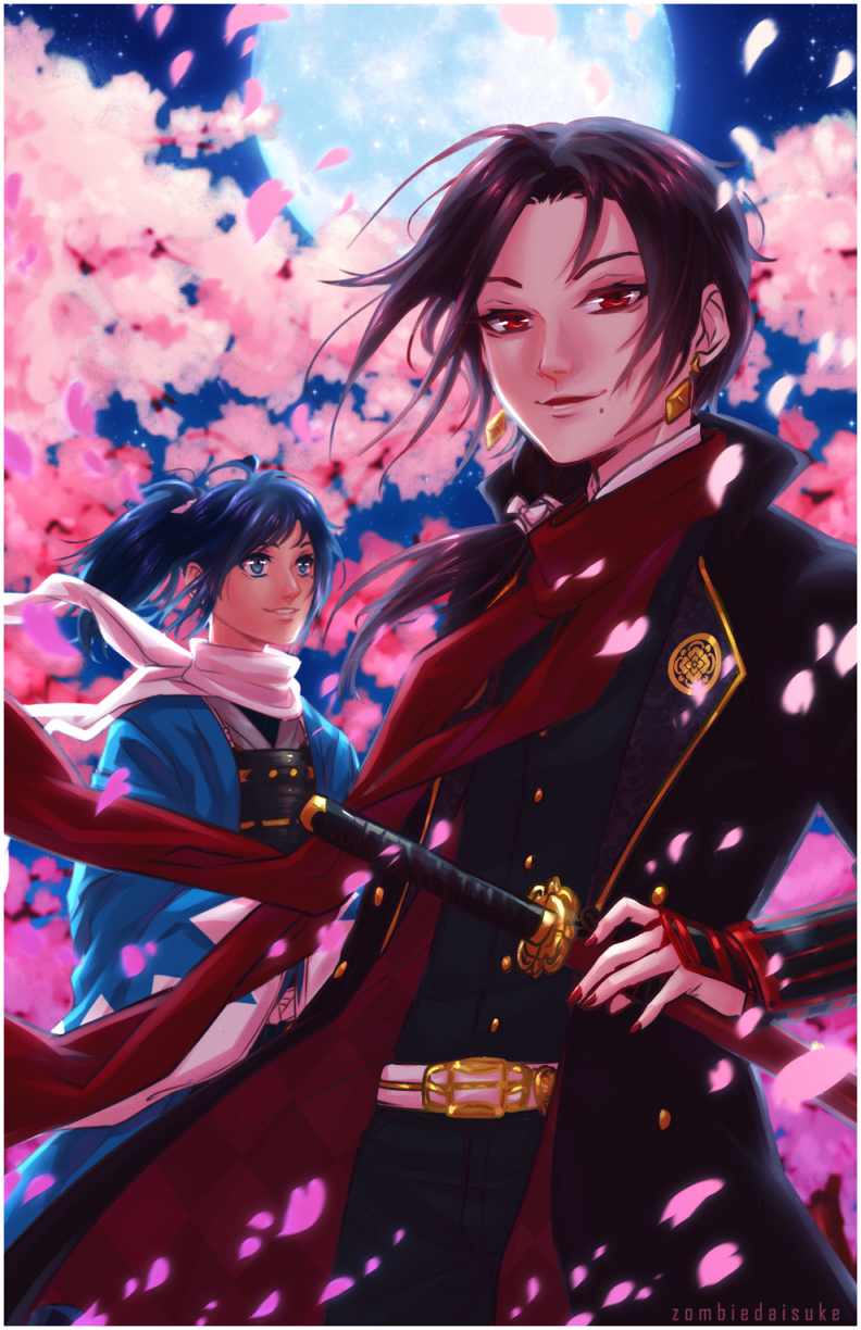 2boys, androgynous, artist_name, black_hair, blue_eyes, blue_hair, bow, coat