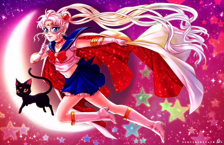absurdres, artist_name, bishoujo_senshi_sailor_moon, blonde_hair, blue_eyes, blue_skirt, boots, cape, cat, choker, circlet, crescent, crescent_moon, double_bun, earrings, elbow_gloves, facial_mark, forehead_mark, full_body, gloves, hair_ornament, high_heel_boots, high_heels, highres, huge_filesize, jewelry, long_hair, luna_(sailor_moon), mask, midriff, miniskirt, moon, navel, ribbon, sailor_moon, signature, skirt, smile, star, starry_background, tsukino_usagi, twintails, very_long_hair, white_boots, white_gloves, zombiedaisuke