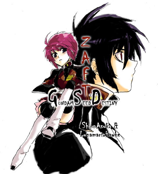1girl, black_hair, blue_eyes, couple, gundam, gundam_seed, gundam_seed_destiny, lunamaria_hawke, raven_hair, red_eyes, red_hair, redhead, shinn_asuka, uniform