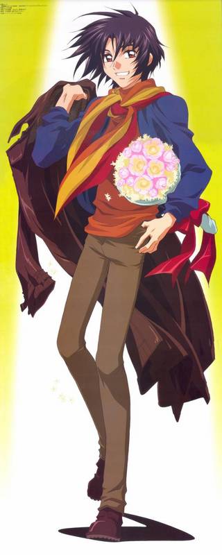 flower, gundam, gundam_seed, gundam_seed_destiny, pants, raven_hair, red_eyes, scarf