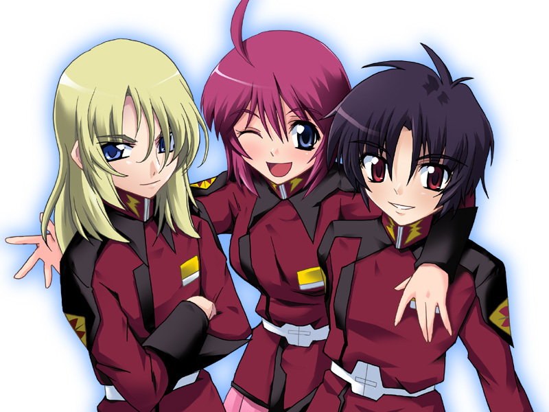 belt, black_hair, blonde_hair, blue_eyes, blush, female, gundam, gundam_seed