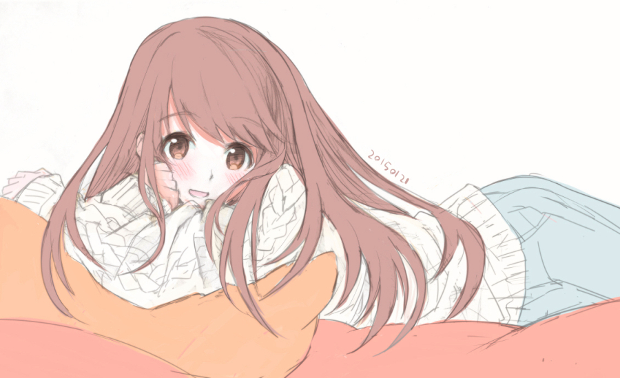 1girl, :d, blush, brown_eyes, brown_hair, crossed_arms, dated, denim