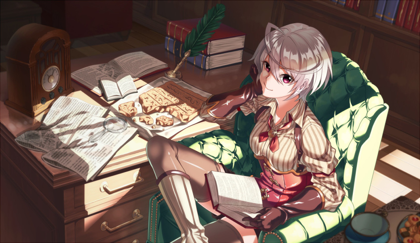 1girl, ahoge, albino, arm_belt, armchair, bangs, blurry, book
