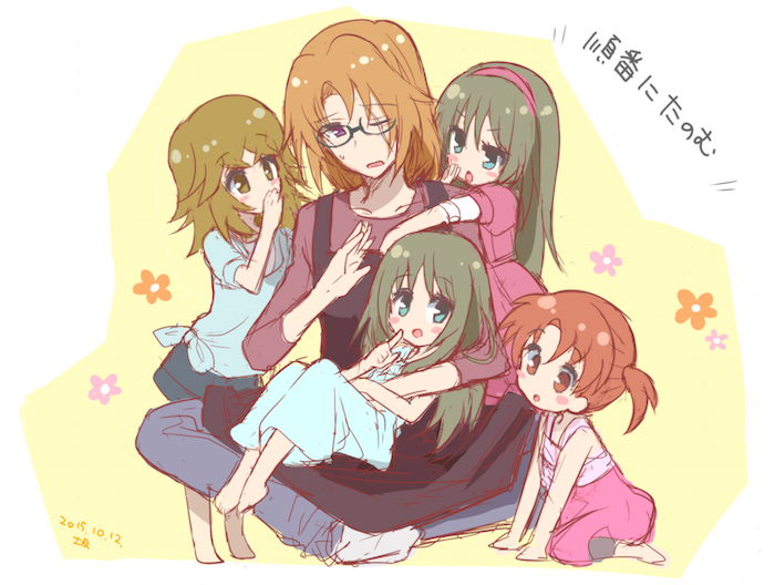 1boy, 4girls, apron, barefoot, brother_and_sister, brown_eyes, brown_hair, collarbone, dated, emery_almond, floral_background, glasses, green_eyes, green_hair, hairband, hino_miwa, index_finger_raised, indian_style, long_hair, minashiro_orihime, minashiro_soushi, minashiro_tsubaki, mother_and_daughter, multiple_girls, one_eye_closed, sakaki_tsui, scar, shiny, shiny_hair, short_hair, short_twintails, siblings, sidelocks, sitting, skirt, soukyuu_no_fafner, sweatdrop, time_paradox, twintails, uncle_and_niece, whispering