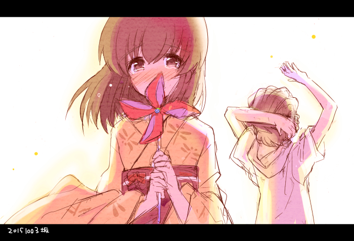 1boy, 1girl, black_hair, blush, brown_eyes, brown_hair, dated, douma_hiroto